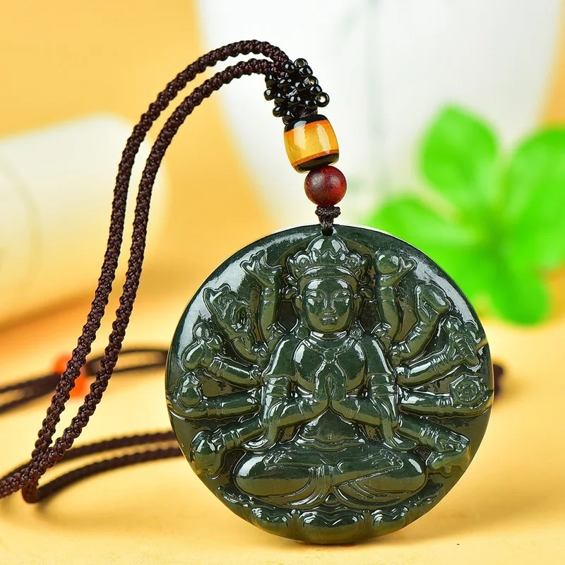 Natural Hetian Men'S Spinach Green Jade Pendant Featuring Great Buddha And Thousand-Armed Avalokites