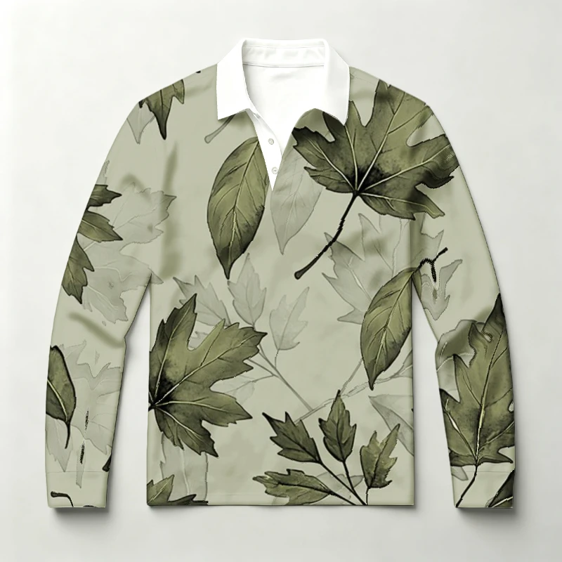 Men Long Sleeve Polo Shirt Watercolor Maple Leaf Botanical Plant Print Casual Daily Golf Tops Oversized Autumn Tunics