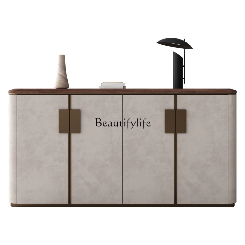 

Modern light luxury saddle leather dining side cabinet solid wood living room wall storage walnut entrance cabinet