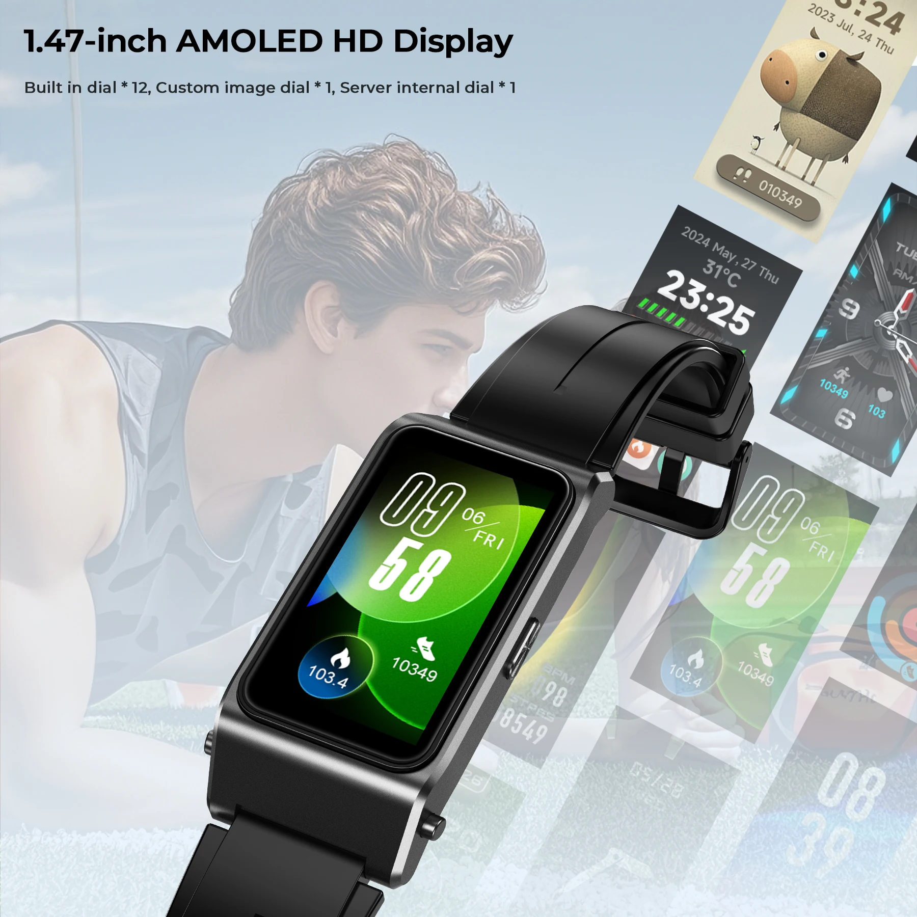 Smartwatch OUKITEL BT11 z funkcją słuchawek Bluetooth 2w1, 24-godzinnym monitorowaniem stanu zdrowia, wyświetlaczem AMOLED 1,47 cala, wodoodporny zegarek sportowy do monitorowania aktywności fizycznej