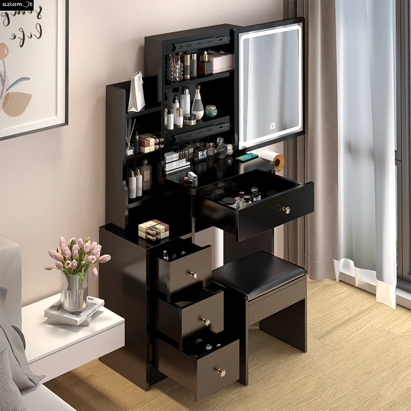 

Small Space Left Bedside Cabinet Vanity Table + Cushioned Stool, 2 AC+2 USB Power Station, Hair dryer bracket, Extra Large Touch