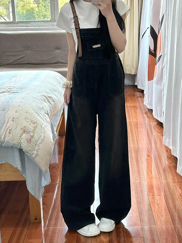 

High Waist Denim Overalls Women's Lazy Sle Wide Leg Pants Floor Length Straight Cut Spring Summer Slimming