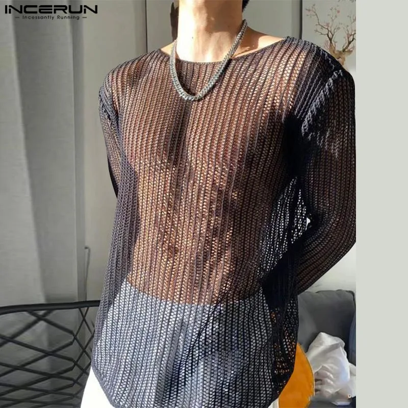 INCERUN Tops 2025 Korean Style Sexy Fashion Men's Hollow Slightly Perspective T-shirt Casual Clubwear Thin Long Sleeved Camiseta