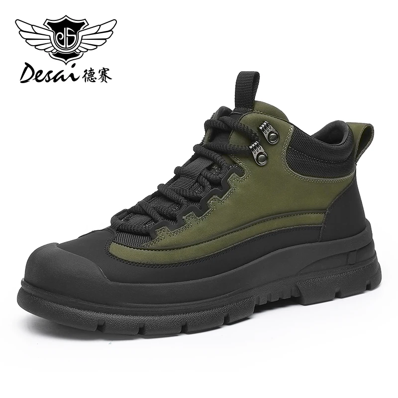 DESAI Brand Full Grain Leather Mens Boots Hiking Shoes Casual Breathable Fashion Outdoor Jogging Trekking Winter 2023