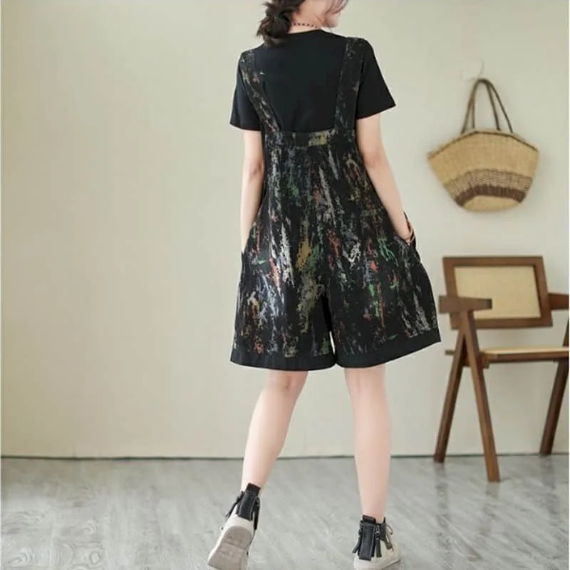 Kombinezony jeansowe Koreański styl Jednoczęściowy strój Casual Graffiti Szorty z szerokimi nogawkami Letnia odzież dla kobiet Przycięte dżinsy z wysoką talią