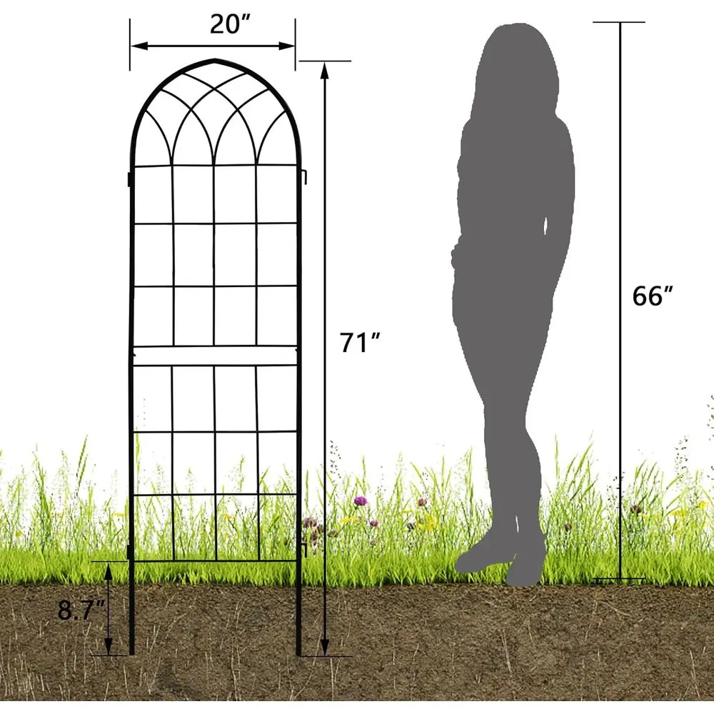Rustic Iron Garden Trellis, 71x20in, Black Coated, Ideal for Climbing Plants, Roses, Vines, Flowers, and Vegetables.
