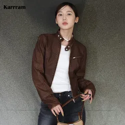 Karrram Korean Style Leather Jacket Vintage Bomber Jacket Women American Retro Pu Coat 90s Motorcycle Zipper Outerwear Grunge