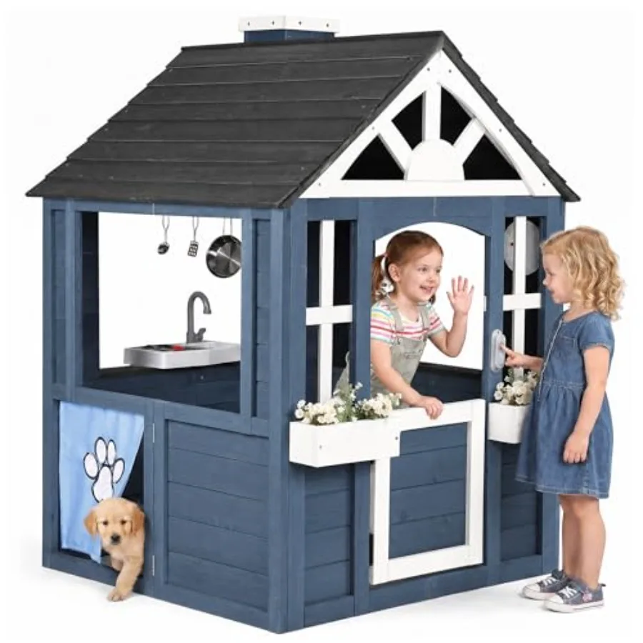 Backyard outdoor playhouse for kids, cedar wood construction, natural color, weather-resistant with play kitchen, pet door, sin
