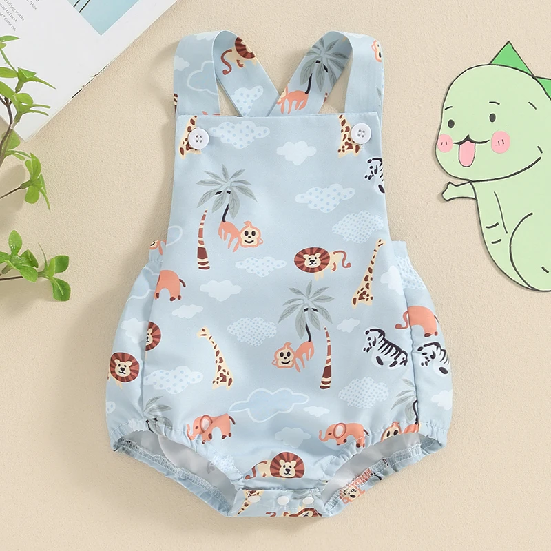 

Baby Girl Boy Sleeveless Romper Square Neck Tree Elephant Print Adjustable Overalls Infant Newborn Jumpsuit Summer Clothes 0-12M