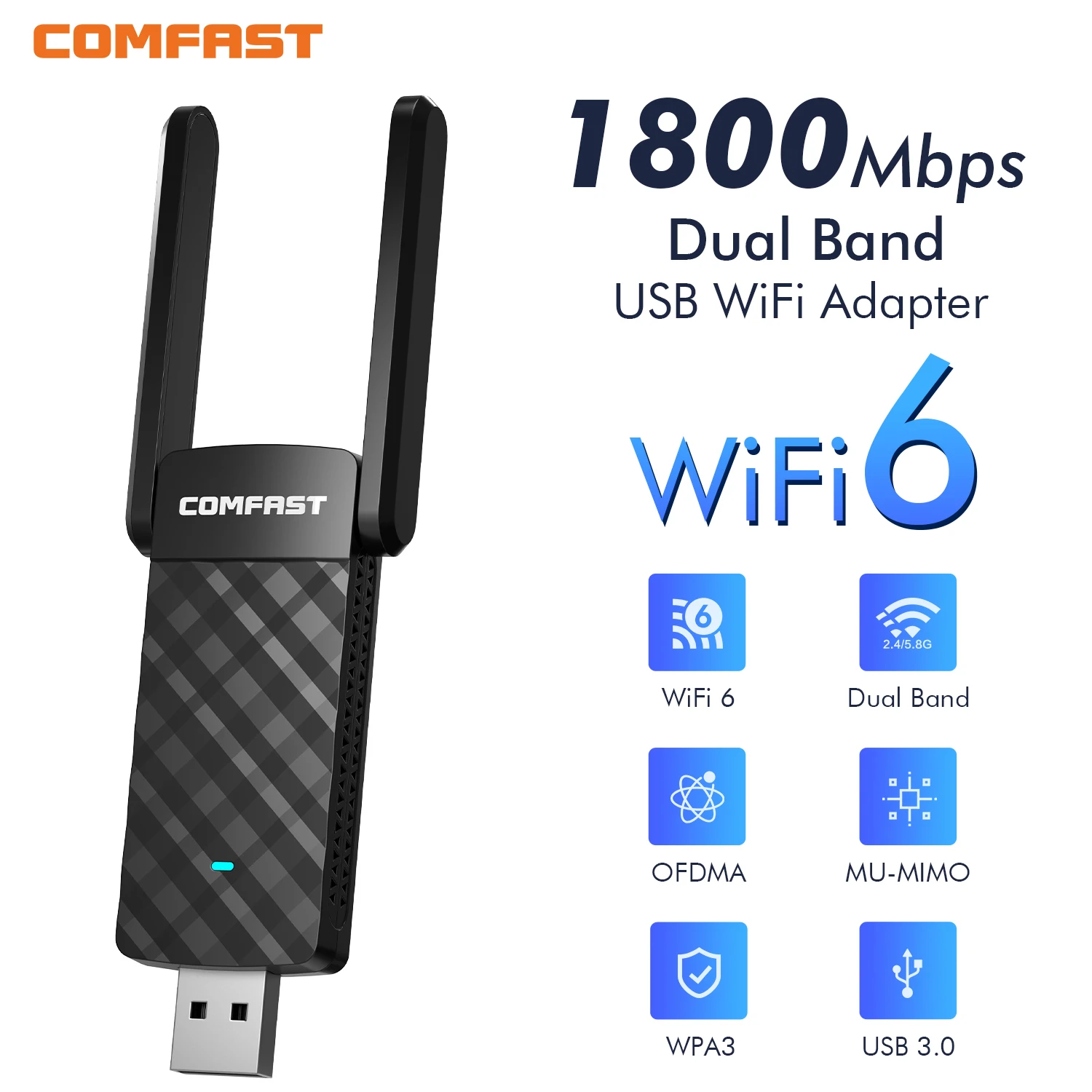 

1800Mbps WiFi 6 USB Adapter 802.11AX 2.4G/5GHz USB3.0 Wireless Network Card Antenna Wi-Fi Dongle RTL8832BU for Win 10/11 PC