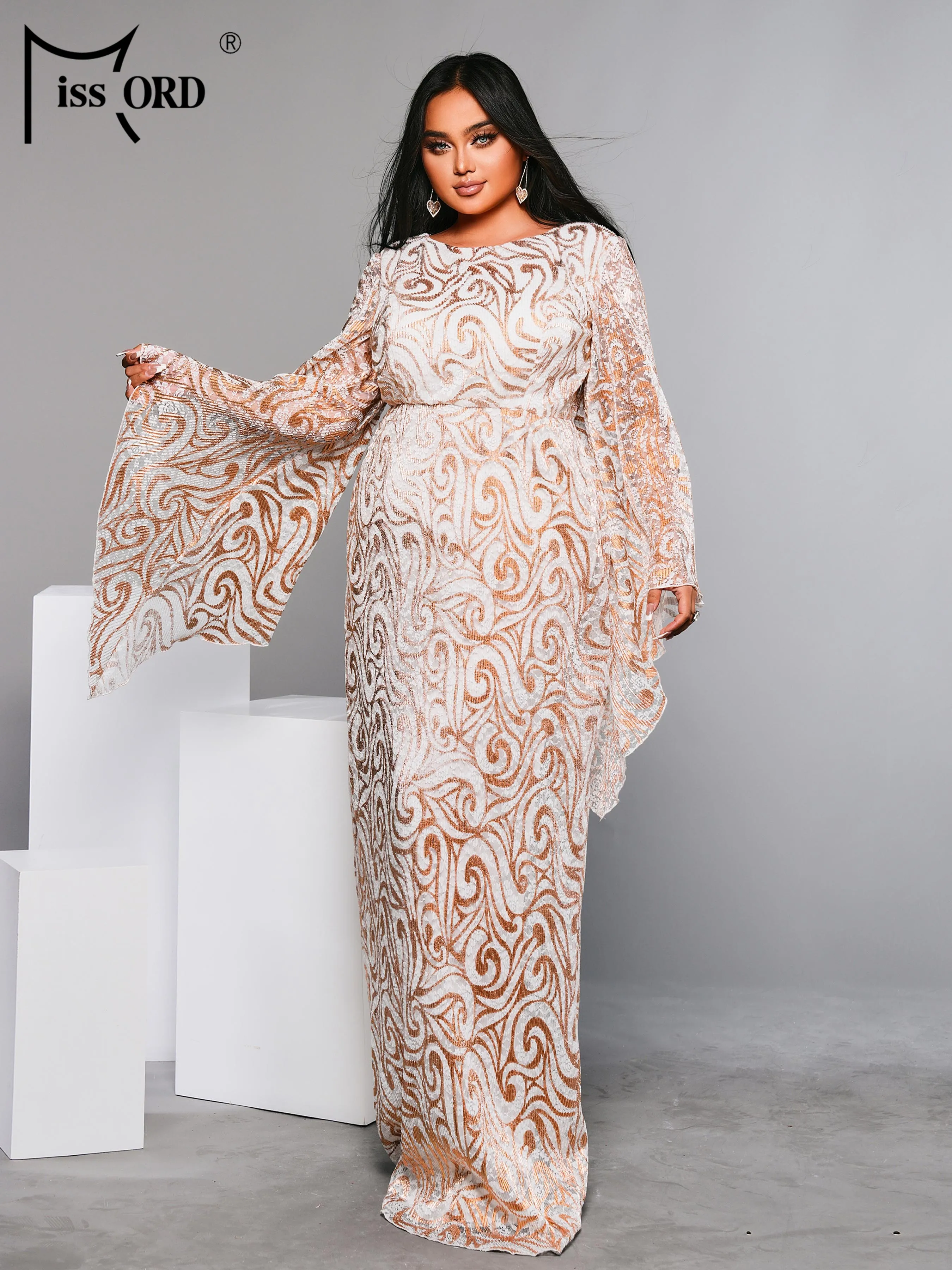 

Missord 2024 Plus Size Rosegold Round Neck Flare Sleeve Geometric Sequin Evening Wedding Birthday Party Performance Prom Dress