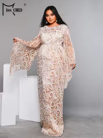 Missord Plus Size Rosegold Round Neck Flare Sleeve Geometric Sequin Evening Wedding Birthday Party Performance Prom Dress