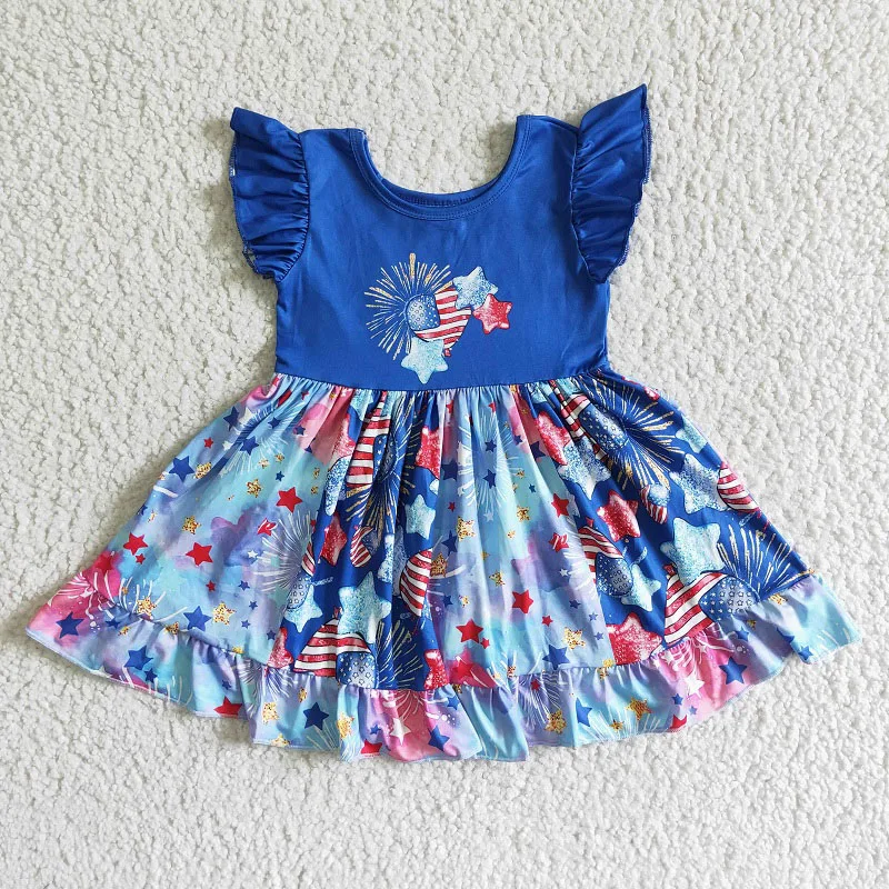 

New Summer Fashion Baby Girls National Day Fireworks Blue Flying Sleeve Dress Boutique Wholesale Kids Children Clothing Skirt