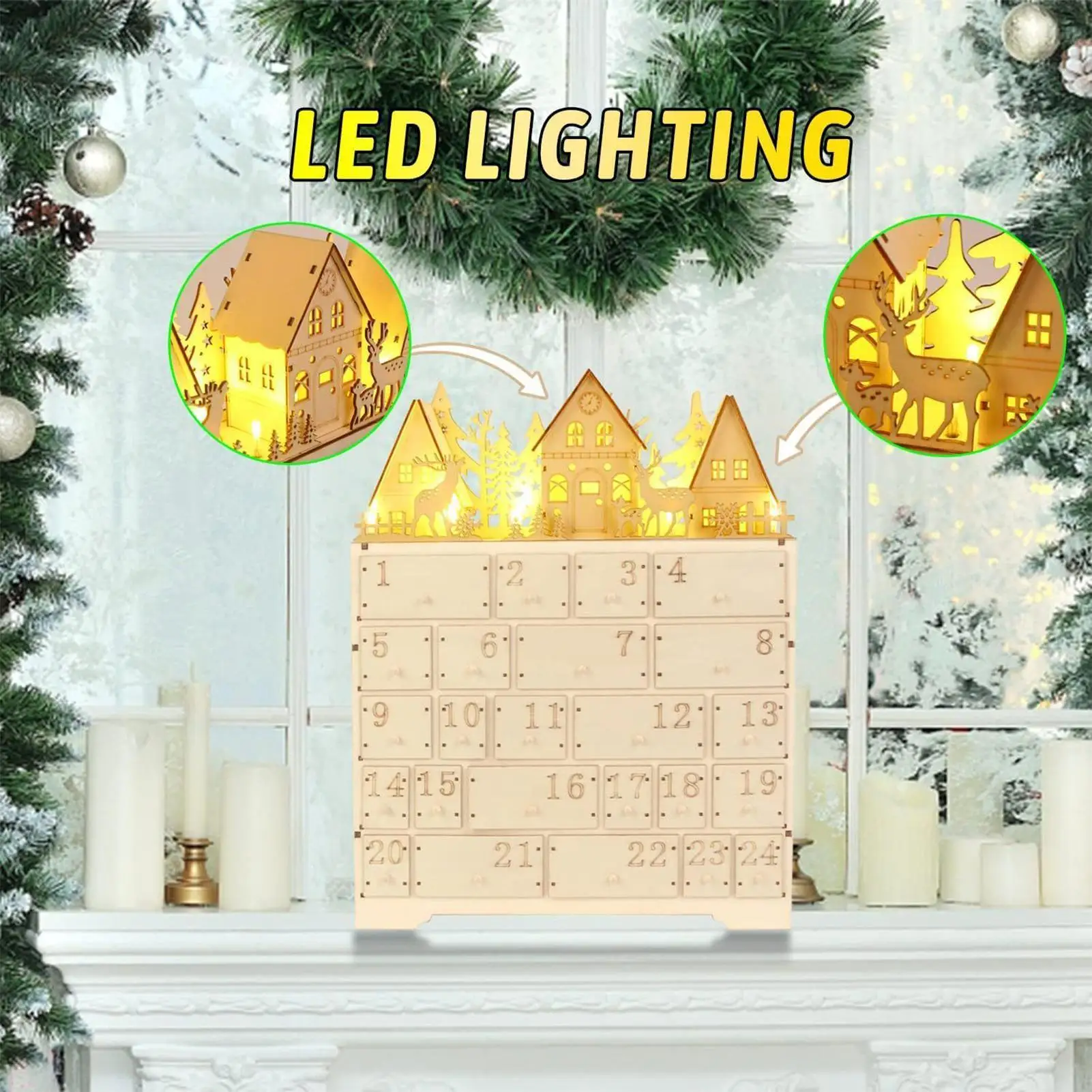 

Christmas Countdown Calendar 2025 Reusable Wooden Advent Decoration Christmas Countdown Decoration with LED Lights for Family