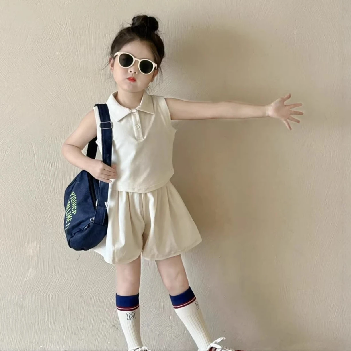 2026 Baby Girls' Clothing Set Summer Style Polo Collar Sleeveless Top+casual Shorts Sporty Style Children's Clothing