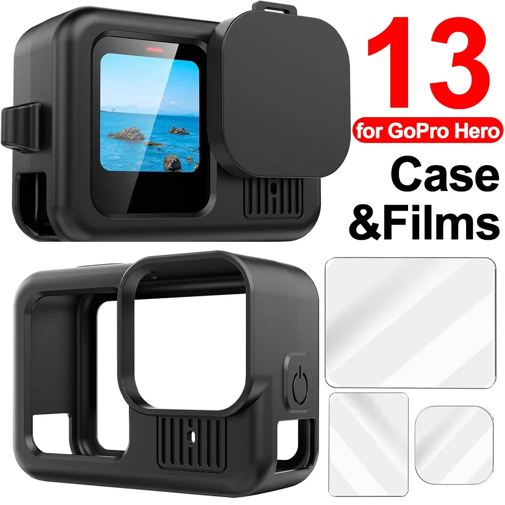 For GoPro Hero 13 Black Dustproof Silicone Camera Protective Case Cover Tempered Glass Lens Films Full Coverage Protectors