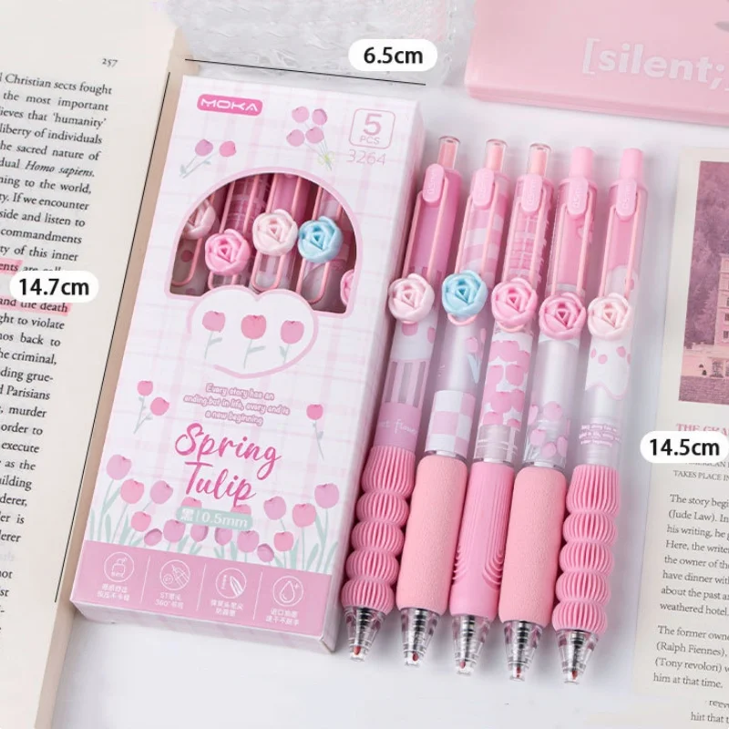 5pcs/set Cute Pink Flower Press Gel Pens Quick-Drying 0. 5mm Black Ink Writing Smooth Elegant Pen Student Stationery Office Sup