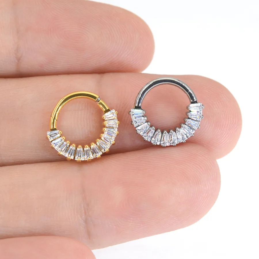 

1pc Titanium Cartilage Hoop Earring Zircon Baguette Hinged Segment Nose Ring for Women Rook Septum Clicker Piercing Body Jewelry