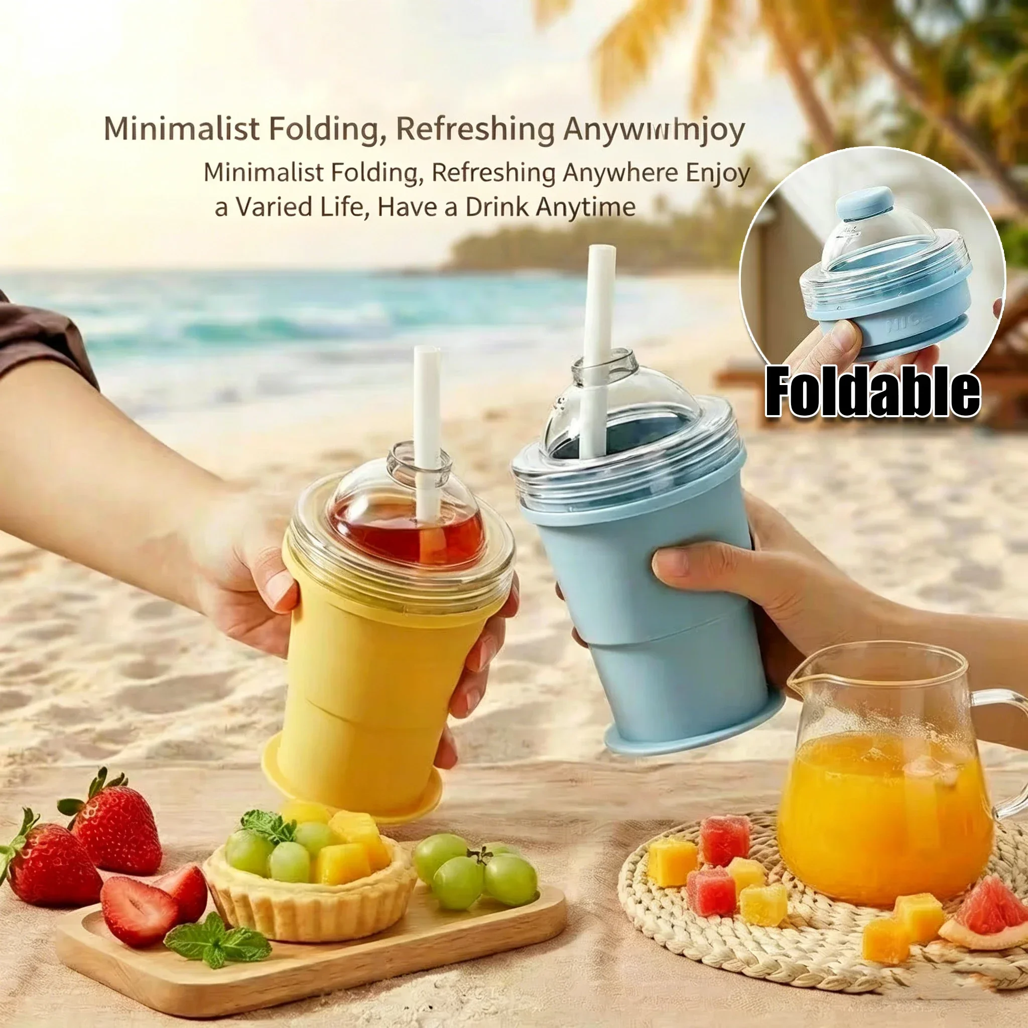 2-in-1 Collapsible Silicone Ice Ball Cup Reusable Portable Ice Sphere Mold with Straw Lid for Coffee Juice Drinks Cube WORLDKPI