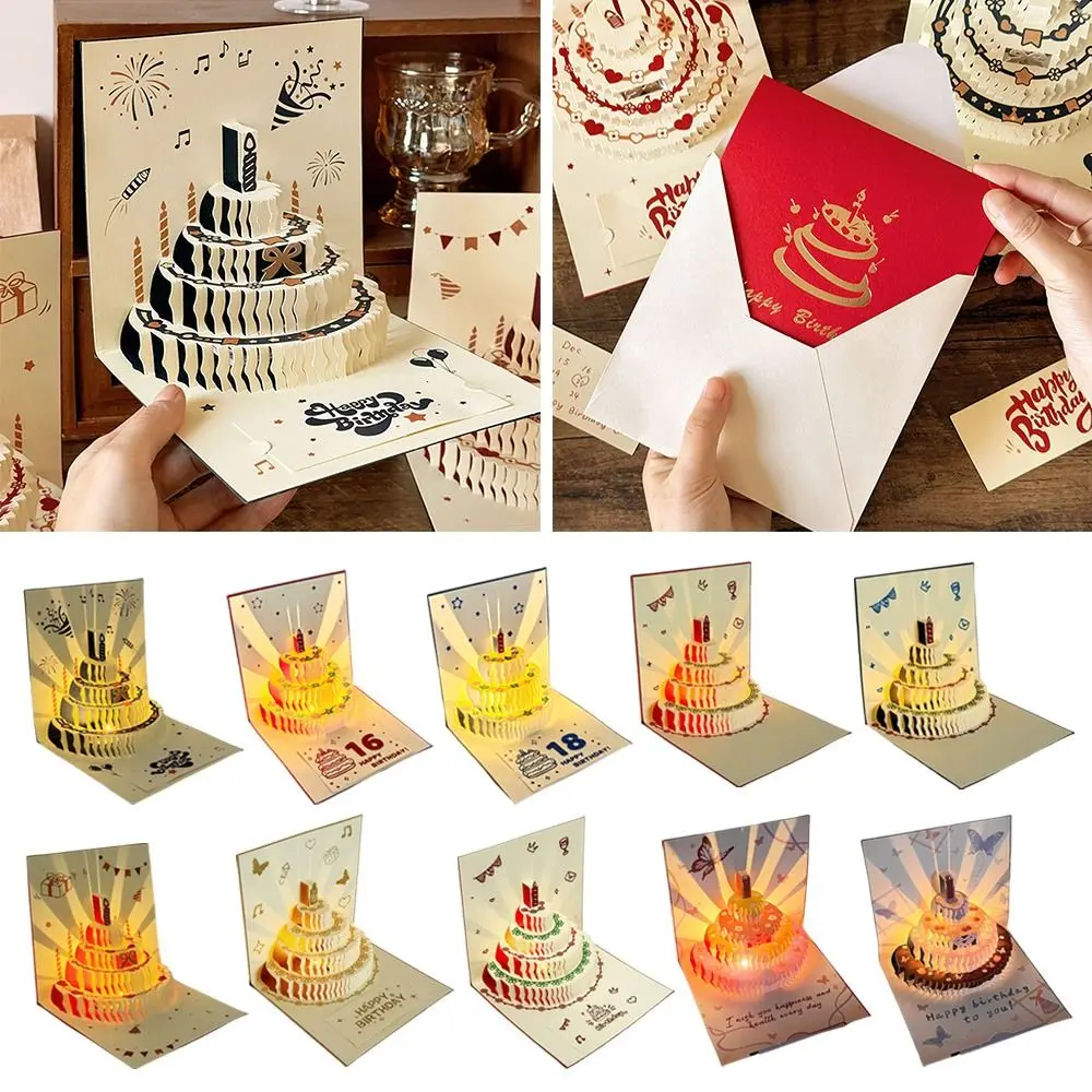 

3D Happy Birthday Card Four-Layer Birthday Cake Music Light Gift Card Pop Up Foldable Musical Light Greeting Card