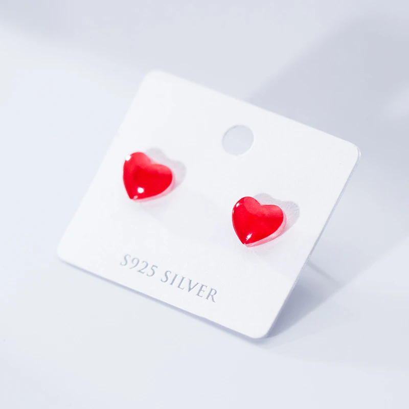 Modian Fashion 925 Sterling Silver Enamel Sweet Red Love Hearts Stud Earrings for Women Girl Lovely Mini Ear Pin Fine Jewelry