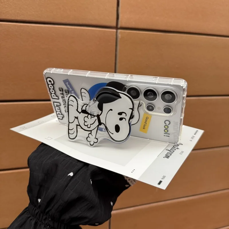 Funda de teléfono de TPU transparente suave con soporte de Snoopy de dibujos animados para Samsung S22 S23 S24 S25 Ultra S30 Plus Note10 20