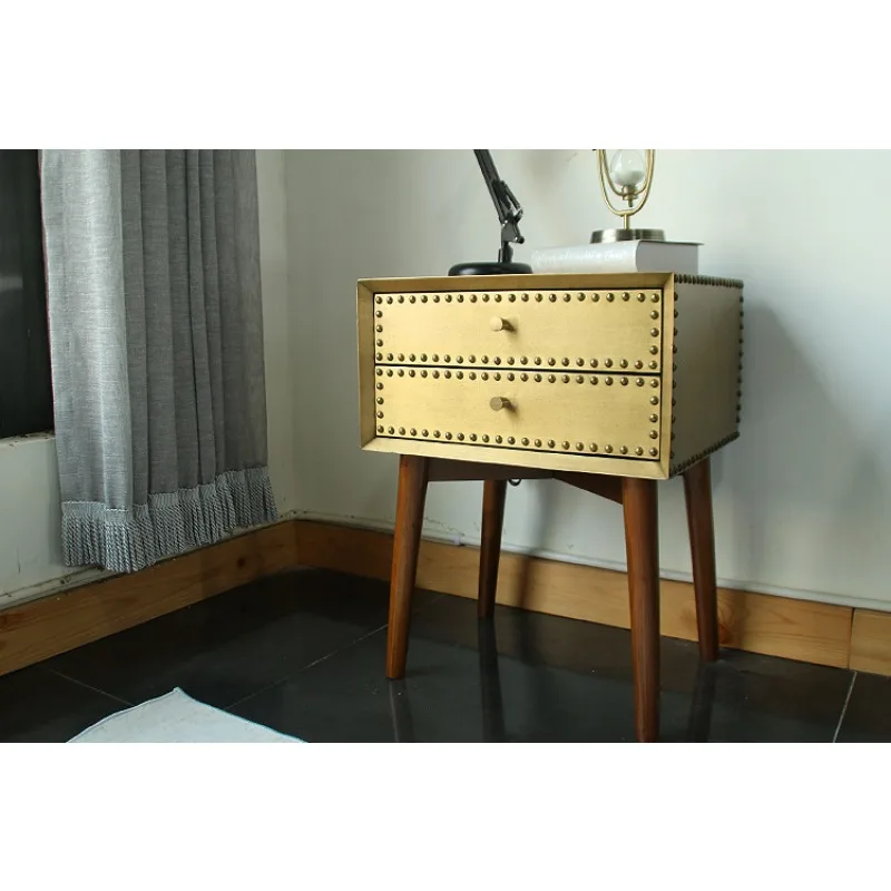 Mini gold copper bedside table, multi-function two-drawer black walnut solid wood locker