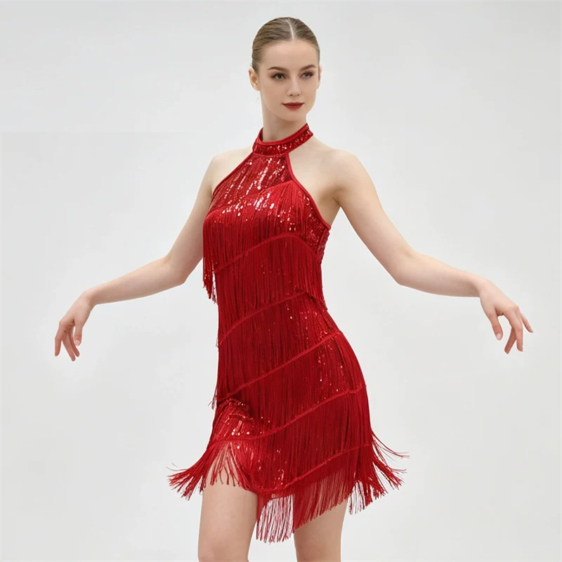 Damen Latein Tanzkleid Pailletten Fransen Neckholder Rückenfreies Tanzkostüm Glänzendes Samba Tango Cha Cha Performance Partykleid 2026 – Detail 3