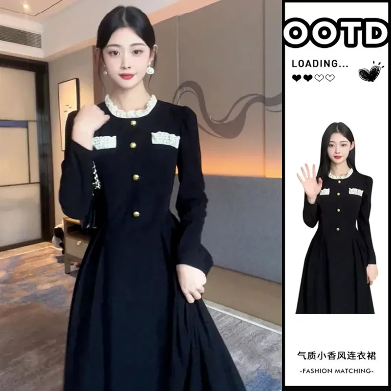 Big Size Chubby Mm Little Heiress Fragrant Style Long Sleeved Dress Autumn New Style Women's Clothing High-end Black Long Skirt