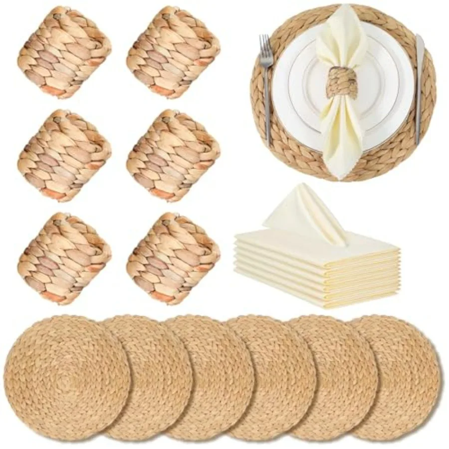 

6 Sets Round Woven Placemats with Water Hyacinth Cloth Napkins and Wooden Napkin Rings for Wedding Dining Table Boho Modern Hea