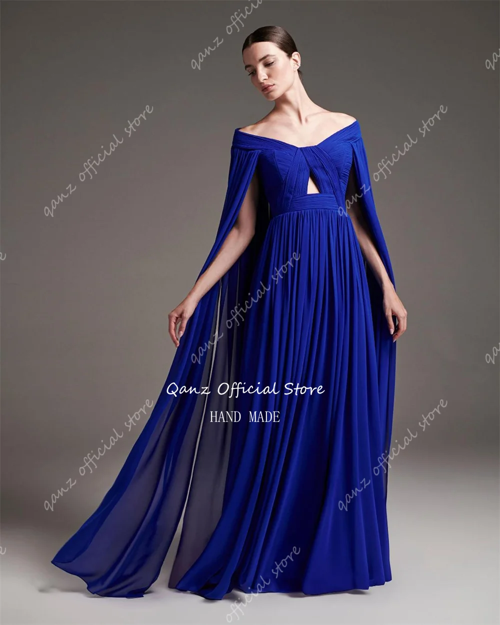 Qanz Abiti da sera eleganti Royal Blue Chiffon Maniche a mantella Abiti da cerimonia formale Una linea Robe De Soiree Femmes Personalizzato