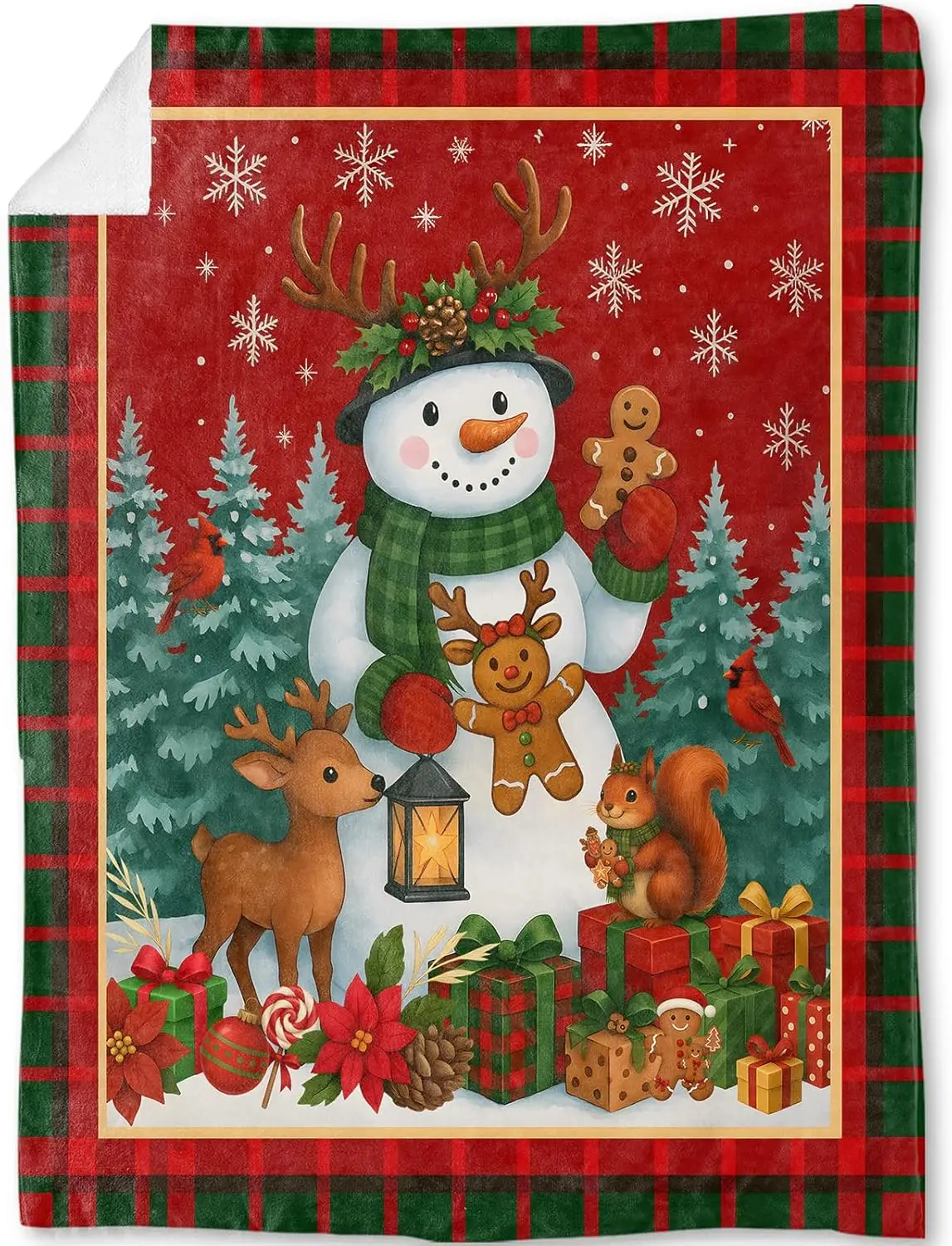 Snowman Christmas Decorative Throw Blanket, Red Green Plaid Border Print Decoration, Soft Flannel Cute Winter Blankets for Couch