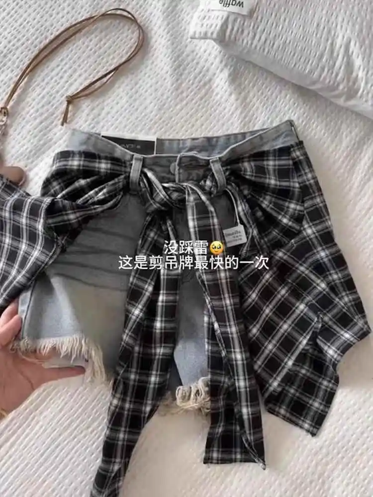 Women's Blue A-line Denim Shorts with Wrap Skirt Mini Cowboy Shorts 2000s Vintage Y2k Hot Jeans Short Pants Harajuku Summer 2025