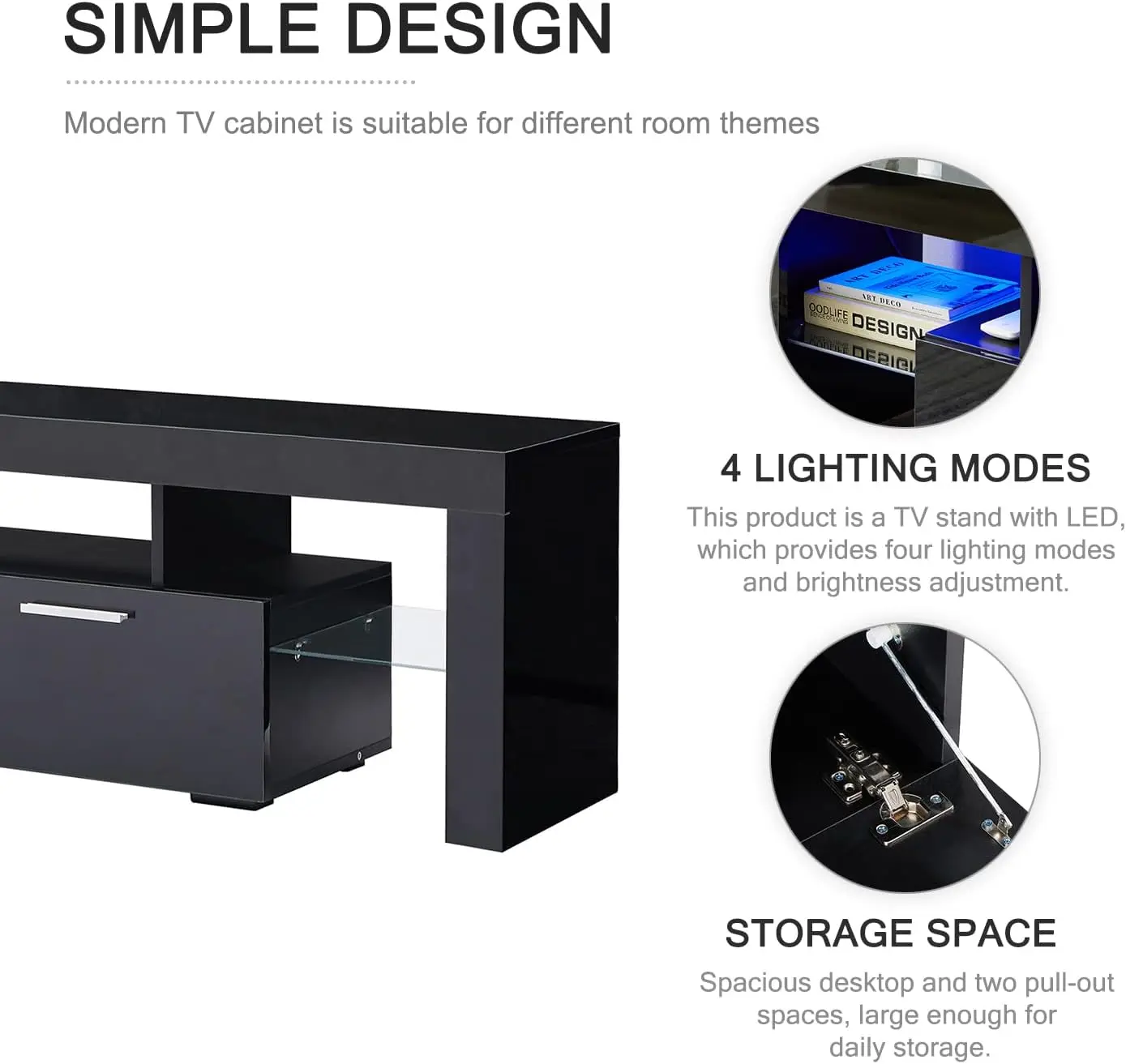 Black LED TV Stand for 75 Inch TV, High Gloss TV Entertainment Center with Storage Drawer, TV Console Table for Living Room