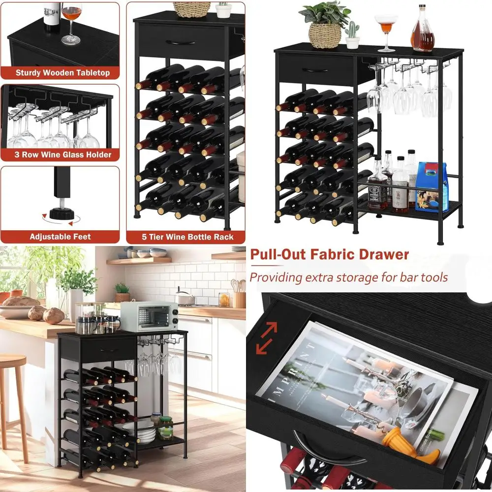 

5-уровневая отдельно стоящая винная полка с держателем для стекла и тканевым ящиком, мини-барный шкаф на 20 бутылок для небольших помещений, идеально подходит для дома,