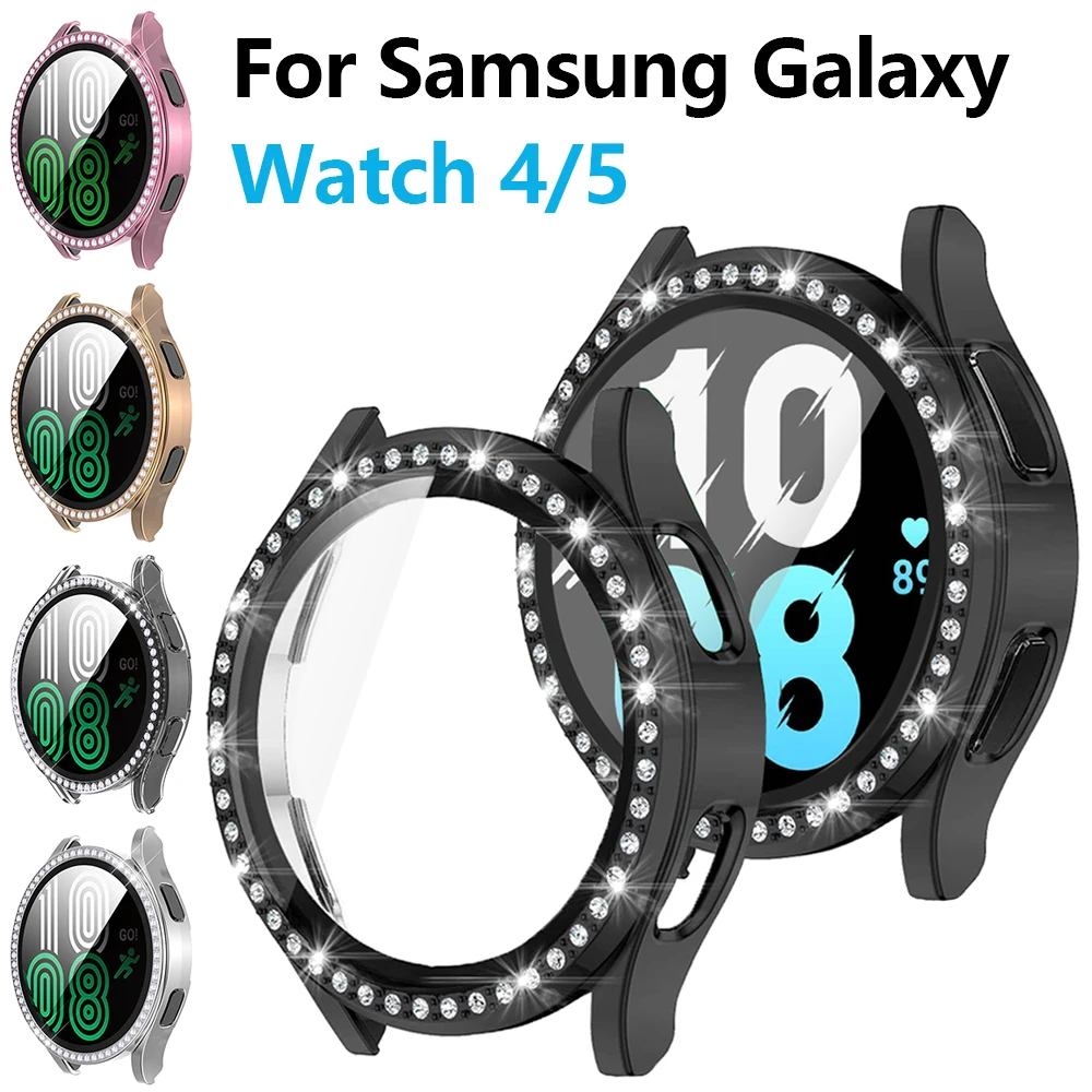 

Glass+Case for Samsung Galaxy Watch 5/4 40mm 44mm Bling Crystal All-Around Protective Bumper Cover with Film for Women