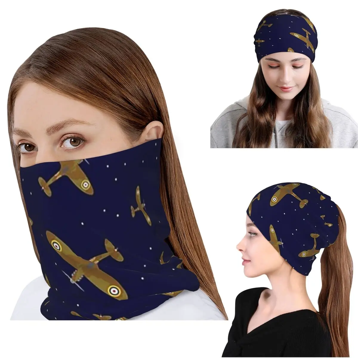 

Spitfire War Planes In Flight On Navy Blue Bandana Neck Gaiter Face Scarf Multifunction Balaclava Beanies Hat Adult Washable