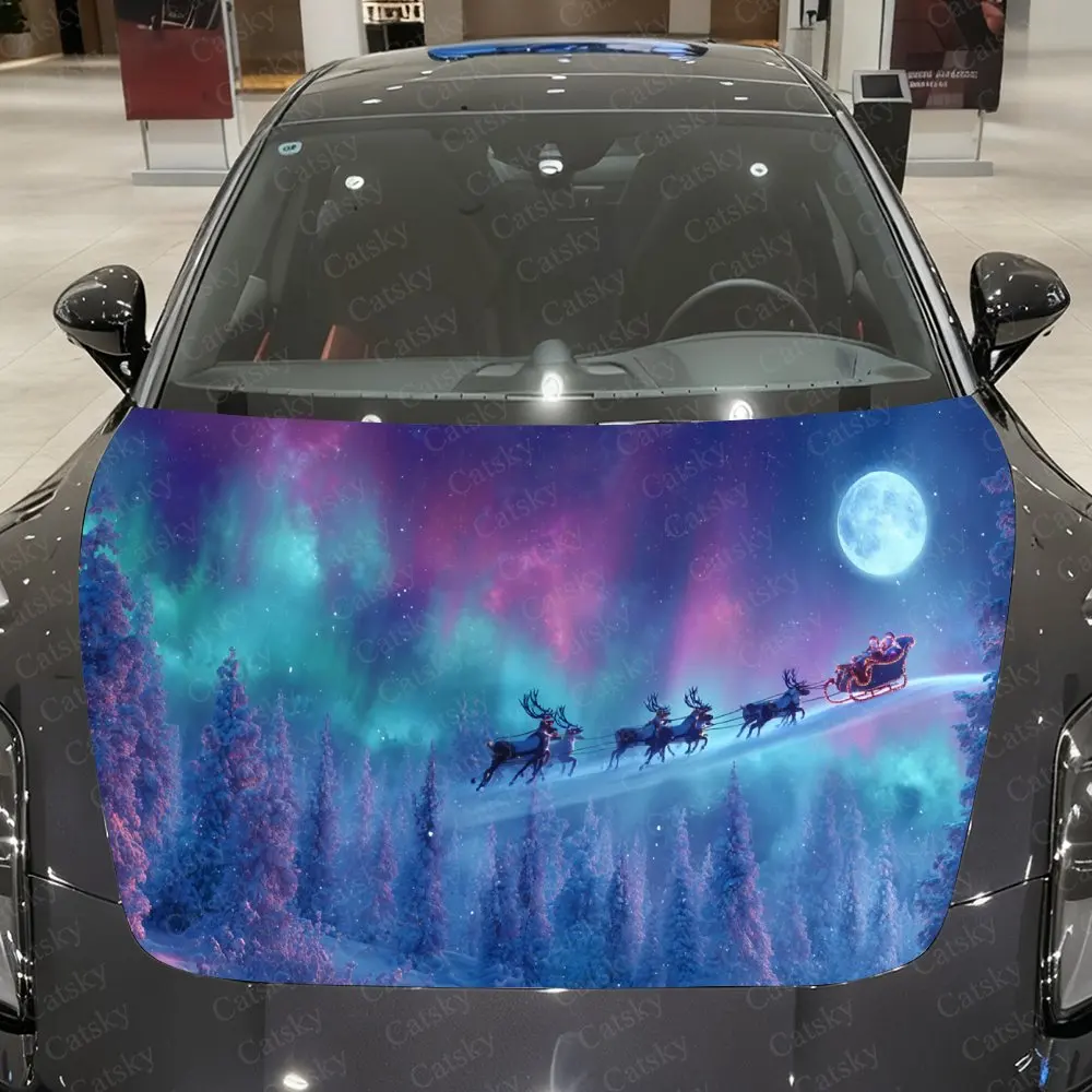 

Northern Lights Reindeer-Drawn Santa Claus Car Vinyl Wrap, PVC Material Waterproof Car Hood Sticker, Self-Adhesive Scratch-Resis