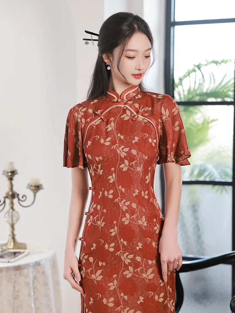 

FZSLCYIYI Sexy Flying Sleeve Printed Satin Women Cheongsam Traditional Eight Buttons Qipao Daily Evening Dress