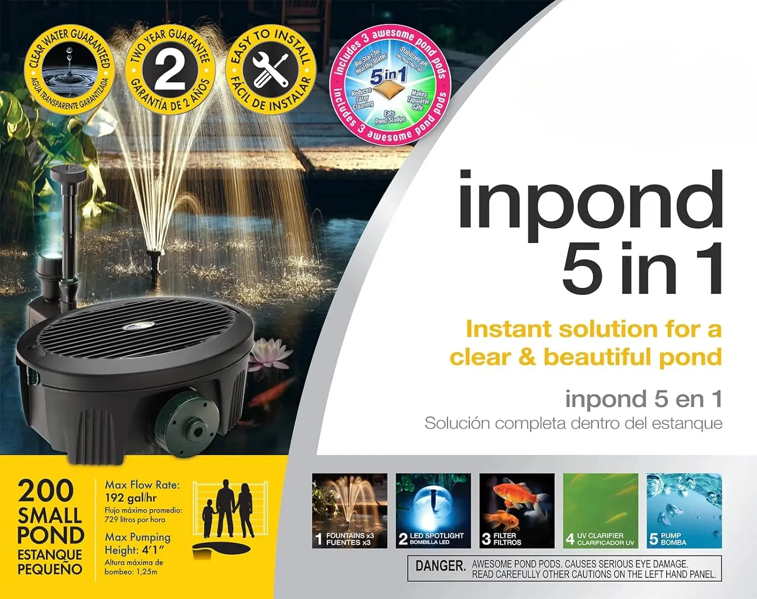 Inpond 5 in 1, Pond & Water Pump, UV Clarifier, LED Spotlight and Fountain , All in One solution