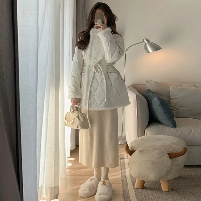 Small Fragrance Gentle Sweet White Rhombus Parkas Fur Collar WaistStand Collar Winter Cotton Coat Thickened Warm Mid-length Coat