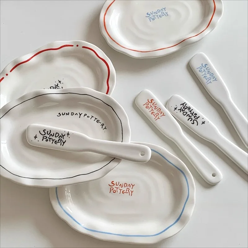 Retro Line Ceramic Oval Plate Simple Irregular Breakfast Dessert Plate with Butter Knife Cake Fruit Multifunctional Tray
