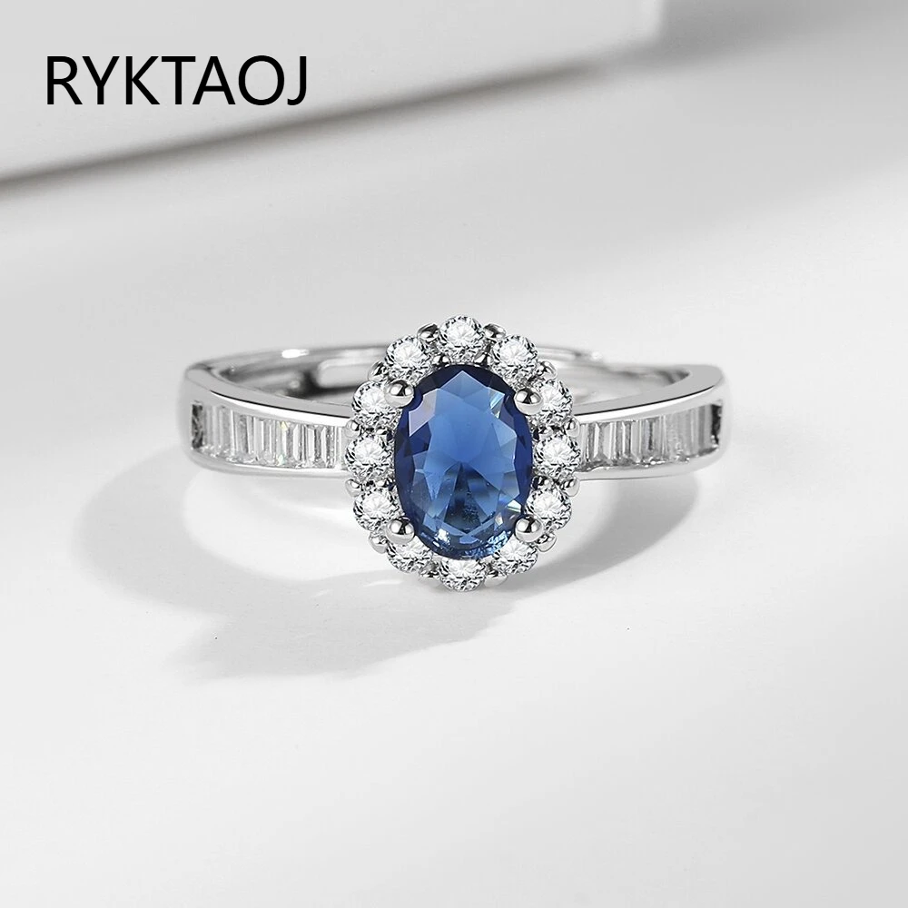 925 Sterling Silver Oval Blue Cubic Zirconia Halo Open Ring for Women Baguette CZ Band Adjustable Wedding Statement Jewelry Gift