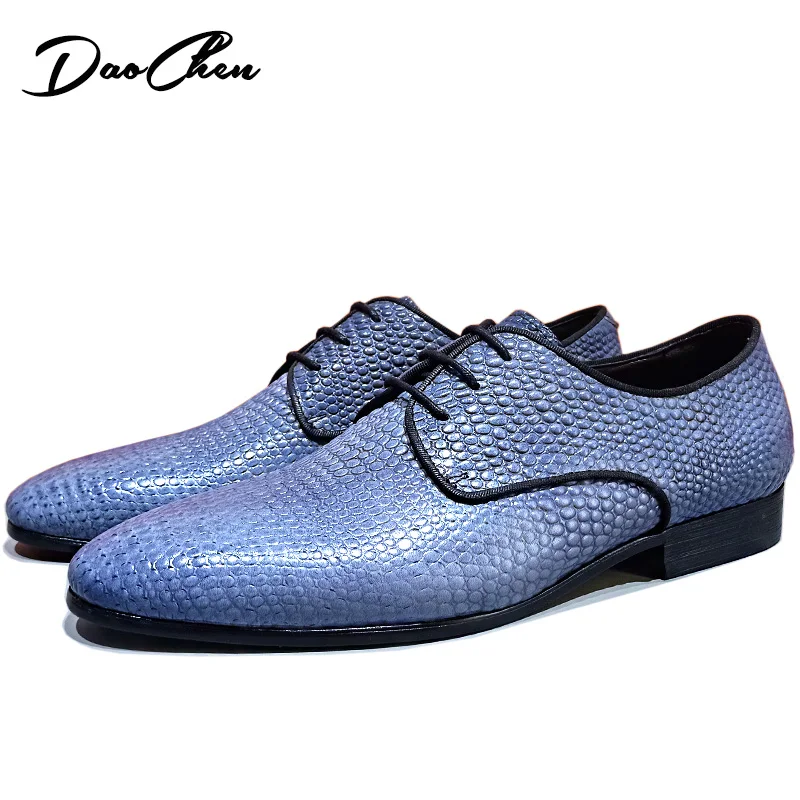 

Luxury Men Genuine Leather Shoes Lace Up Point Toe Light Blue Casual Mens Dress Shoes Wedding Office derby shoes for men