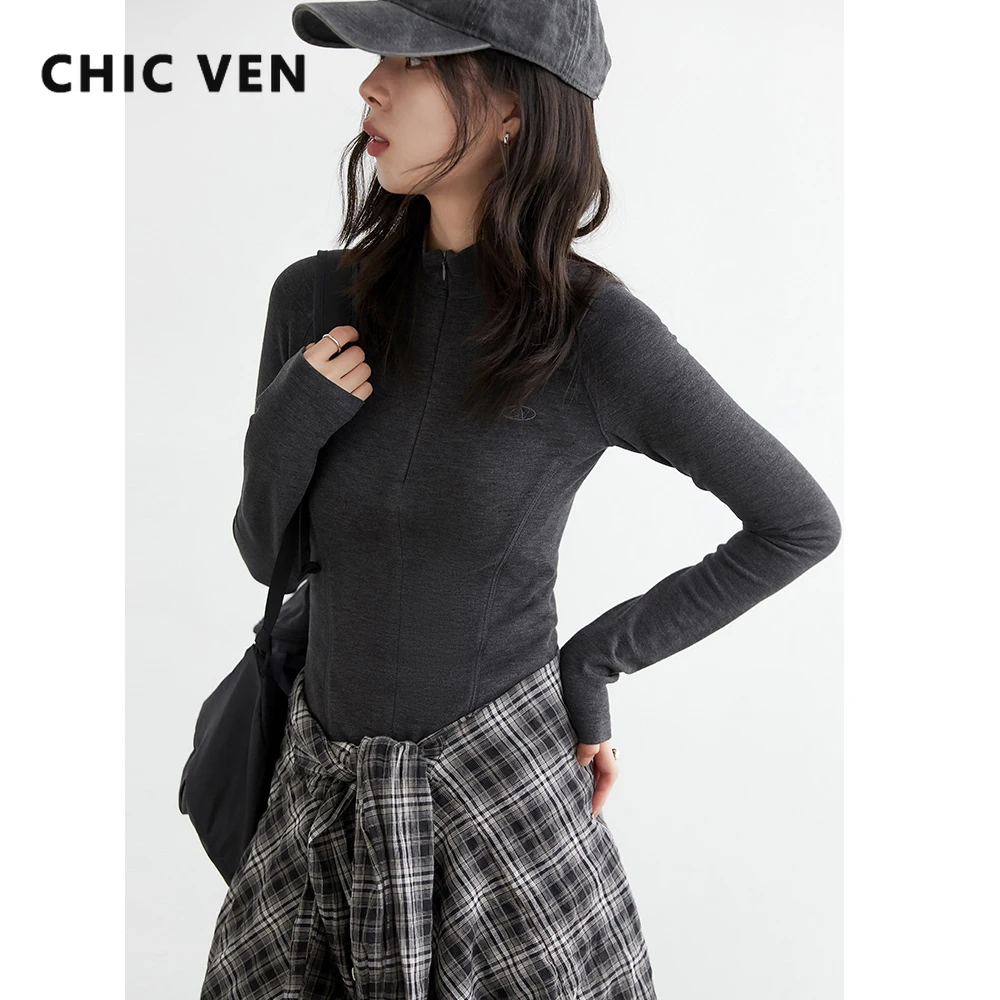 

CHIC VEN Women T-Shirts Korean Slim Solid Zipper Long Sleeved Sports Tops Fashion Casual Female Clothing Spring Autumn New 2025