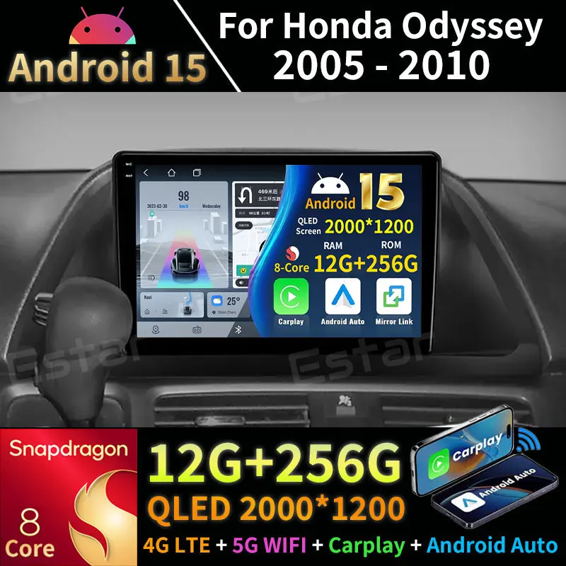 Android 15 Беспроводной Carplay для Honda Odyssey 2005-2010 Автомобильный радиоприемник США EDITION BT Navi Wireless 4G LTE 5G WIFI GPS DSP