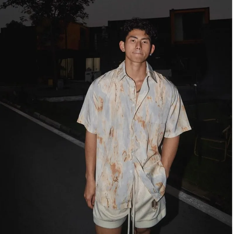 

Мужская бежевая рубашка с эффектом тай-дай, с коротким рукавом, отложным воротником и пуговицами, повседневная, для отпуска