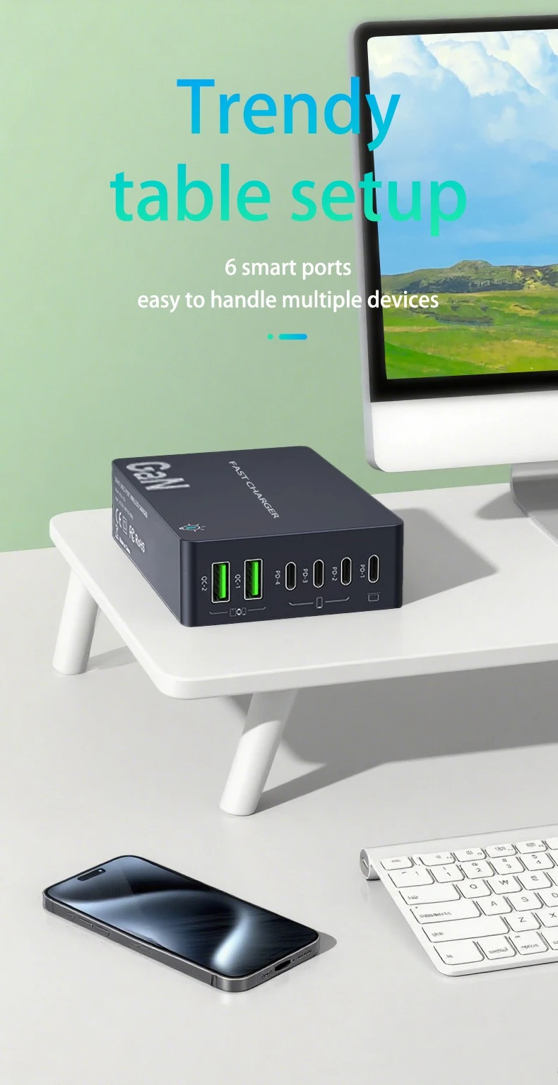 1100 W GaN 6-Ports USB C Ladegerät 100 W PPS Schnellladestation für Samsung iPhone Laptop Tablet MacBook Typ C PD Schreibtischladegeräte – Detail 5
