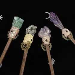 Witch Magic Stick Clear Quartz Point Crystal Scepter Fairy Wand Prop Wood Stick 1pc witchcraft Magic Wand