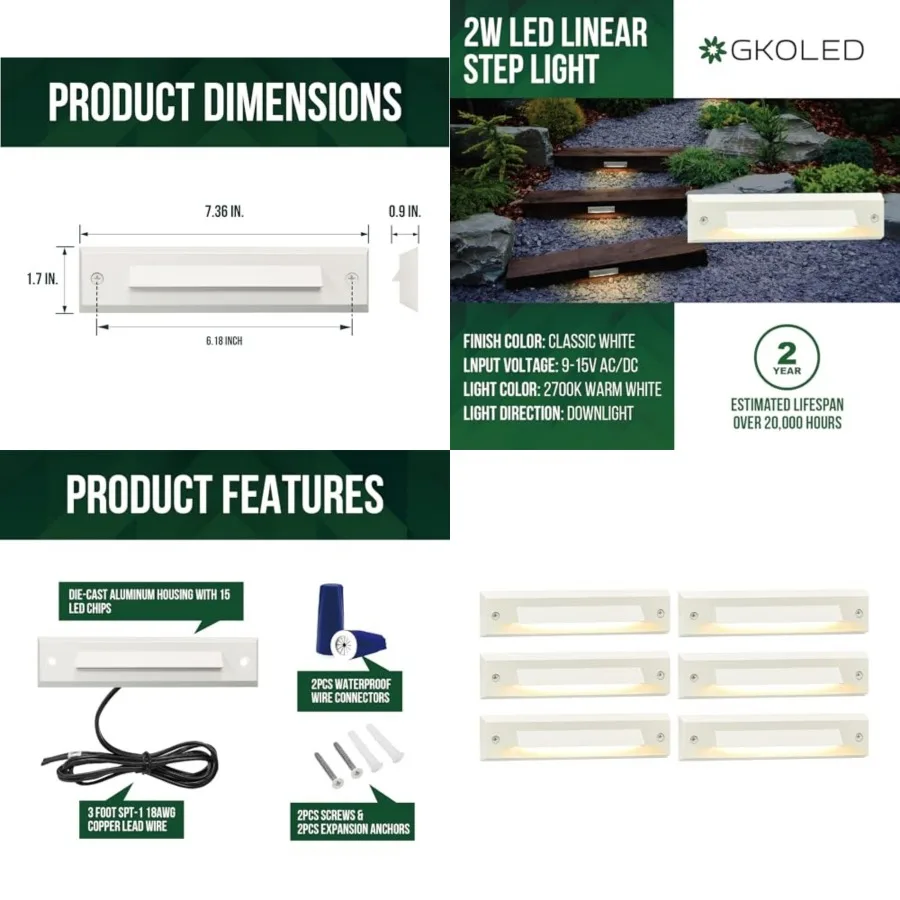 6-Pack Low Voltage 12V AC/DC LED Linear Step Lights, 2W Landscape Lighting, Outdoor Waterproof Accent Lighting Fixtures, Die-ca